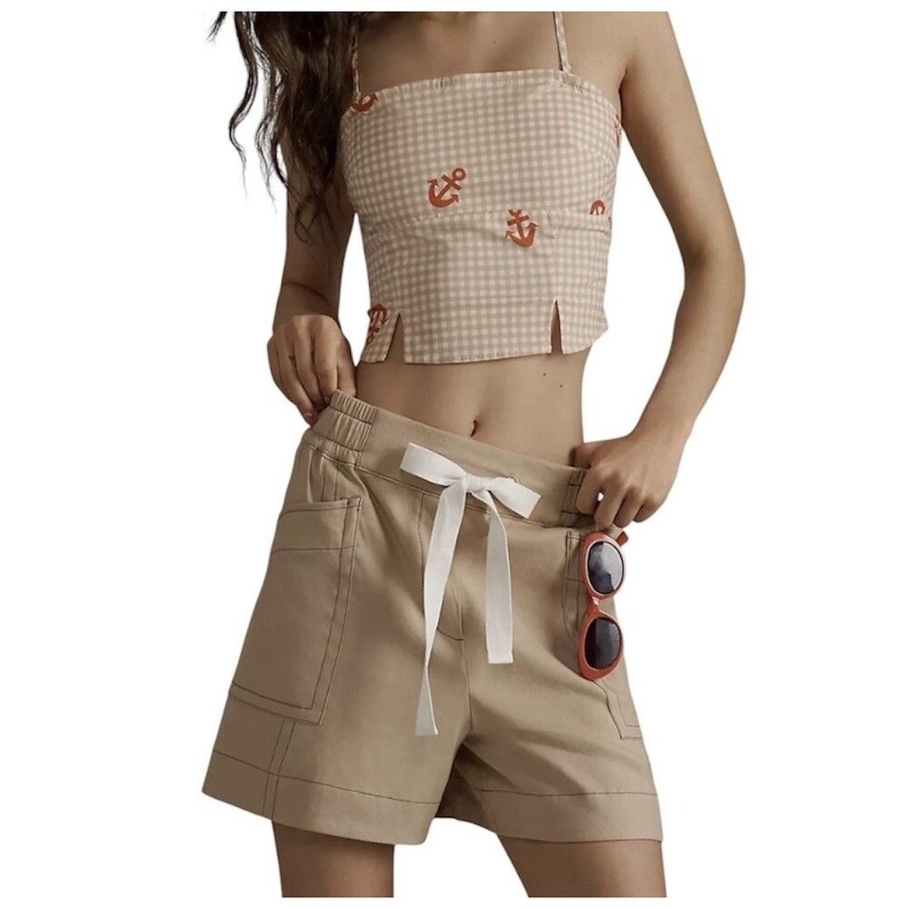 Maeve Tan Linen Cargo Shorts Size S Anthropologie Pull on Elastic Tie Waist